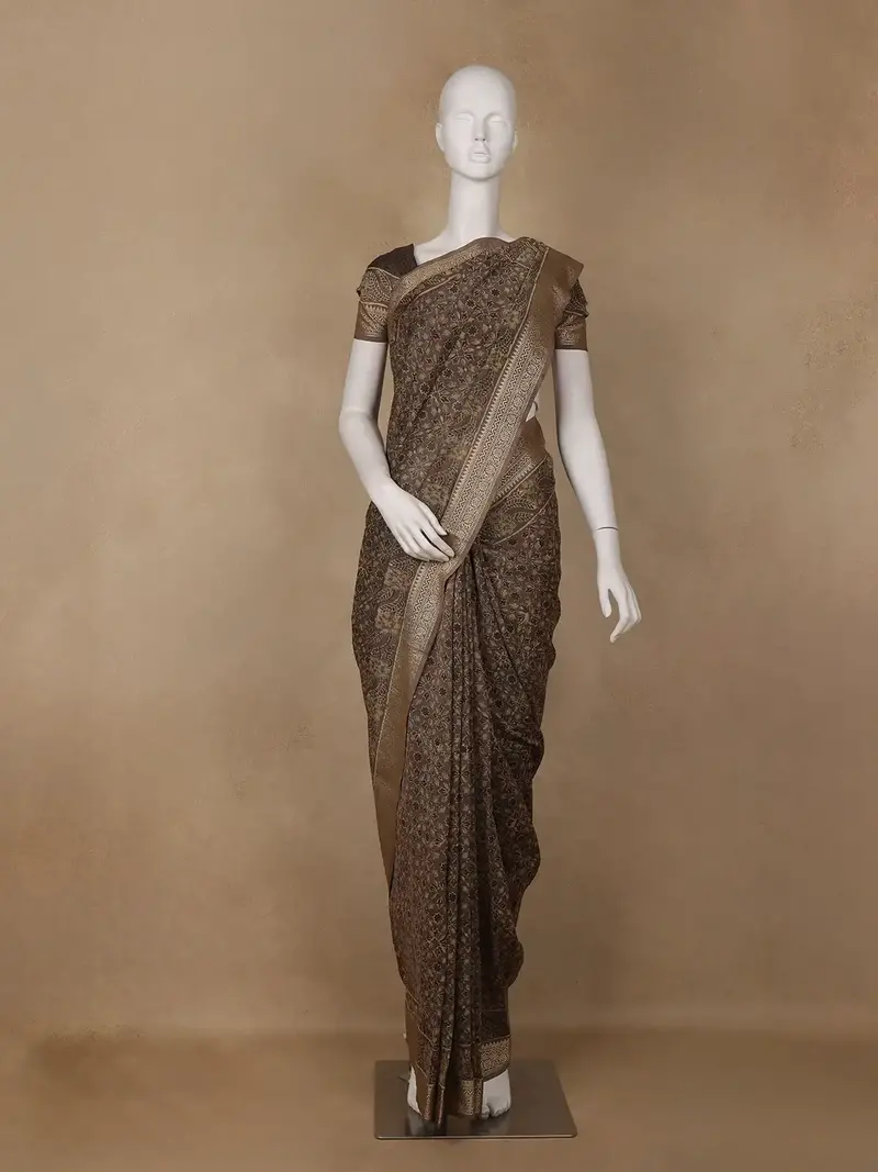 Mocha Brown Floral Printed Cotton Saree 1