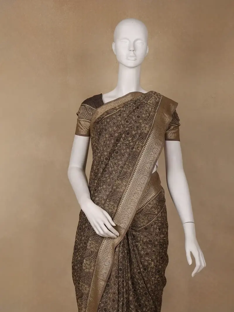 Mocha Brown Floral Printed Cotton Saree 2