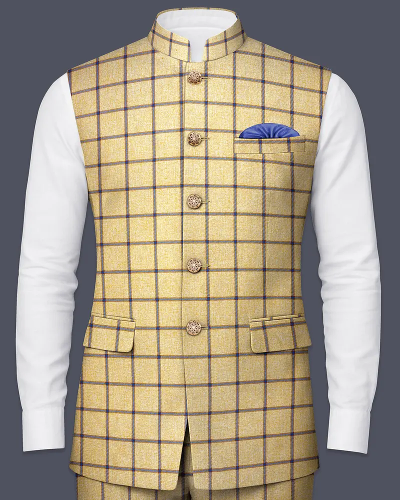 Mongoose Brown With Dianne Blue Windowpane Bandhgala Nehru Jacket 1