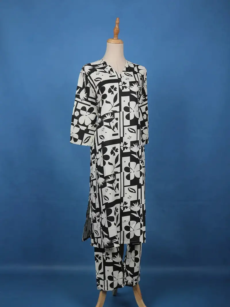 Monochrome Geometric Floral Printed Cotton Salwar Suit 3