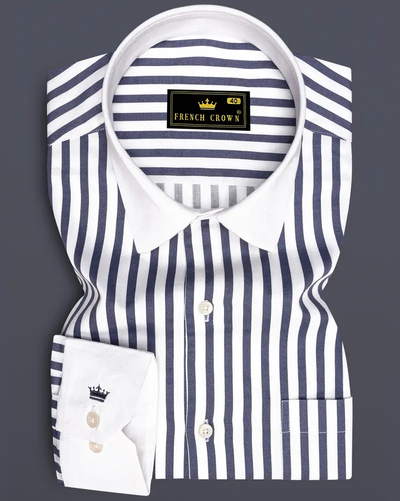 Monovelle-Storm Gray And Bright White Candy Striped Super Soft Premium Cotton Dress White Cuff Collar Shirt 1