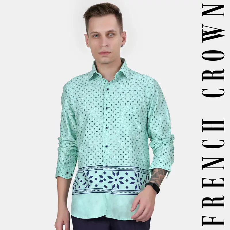 Montecarlo Green And Prussian Blue Block Printed Twill Premium Cotton Shirt 1