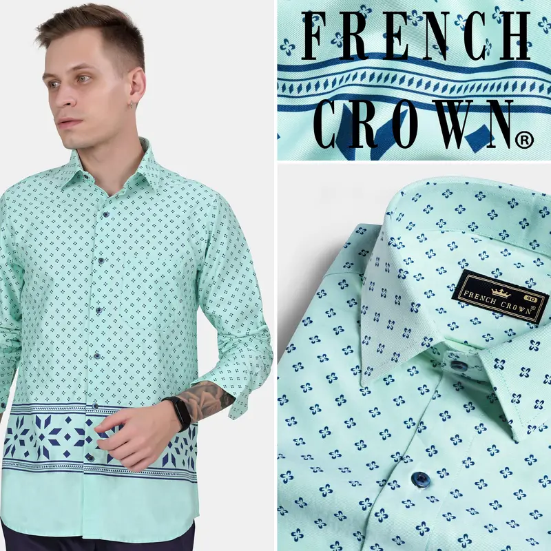 Montecarlo Green And Prussian Blue Block Printed Twill Premium Cotton Shirt 11