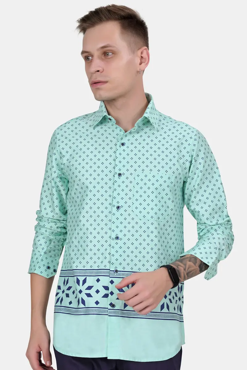 Montecarlo Green And Prussian Blue Block Printed Twill Premium Cotton Shirt 2