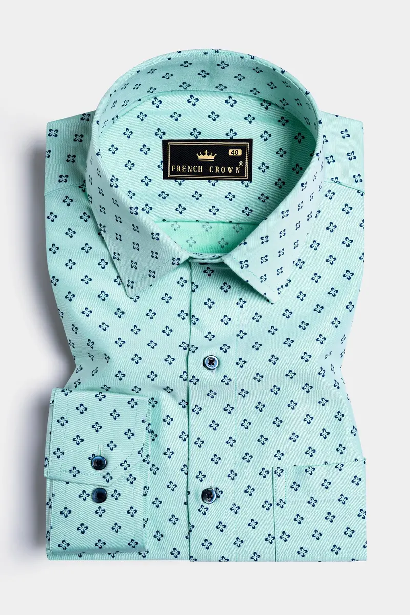 Montecarlo Green And Prussian Blue Block Printed Twill Premium Cotton Shirt 5