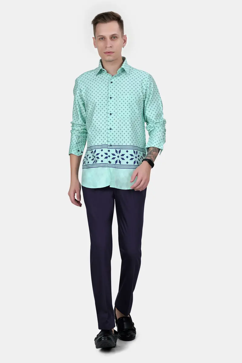 Montecarlo Green And Prussian Blue Block Printed Twill Premium Cotton Shirt 6