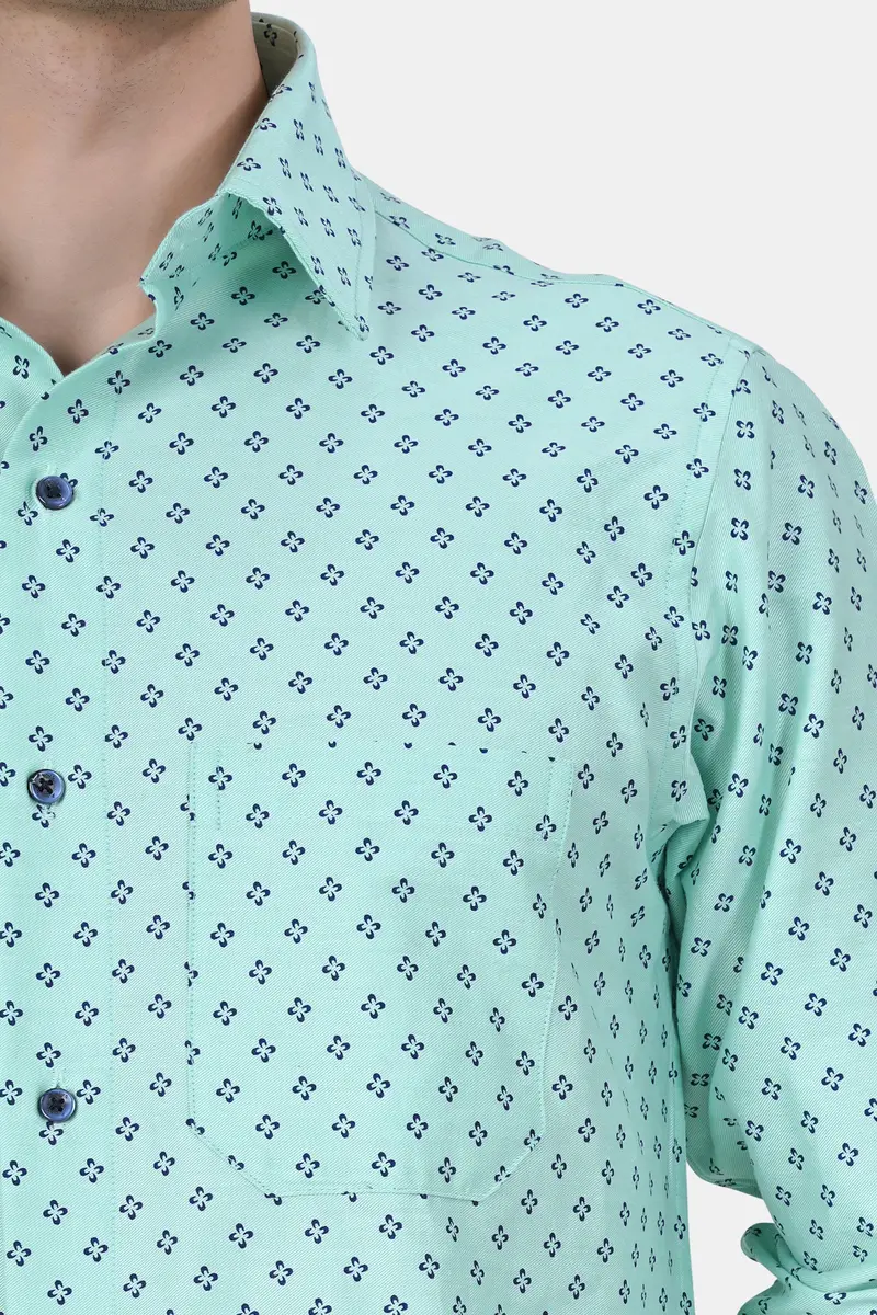 Montecarlo Green And Prussian Blue Block Printed Twill Premium Cotton Shirt 7