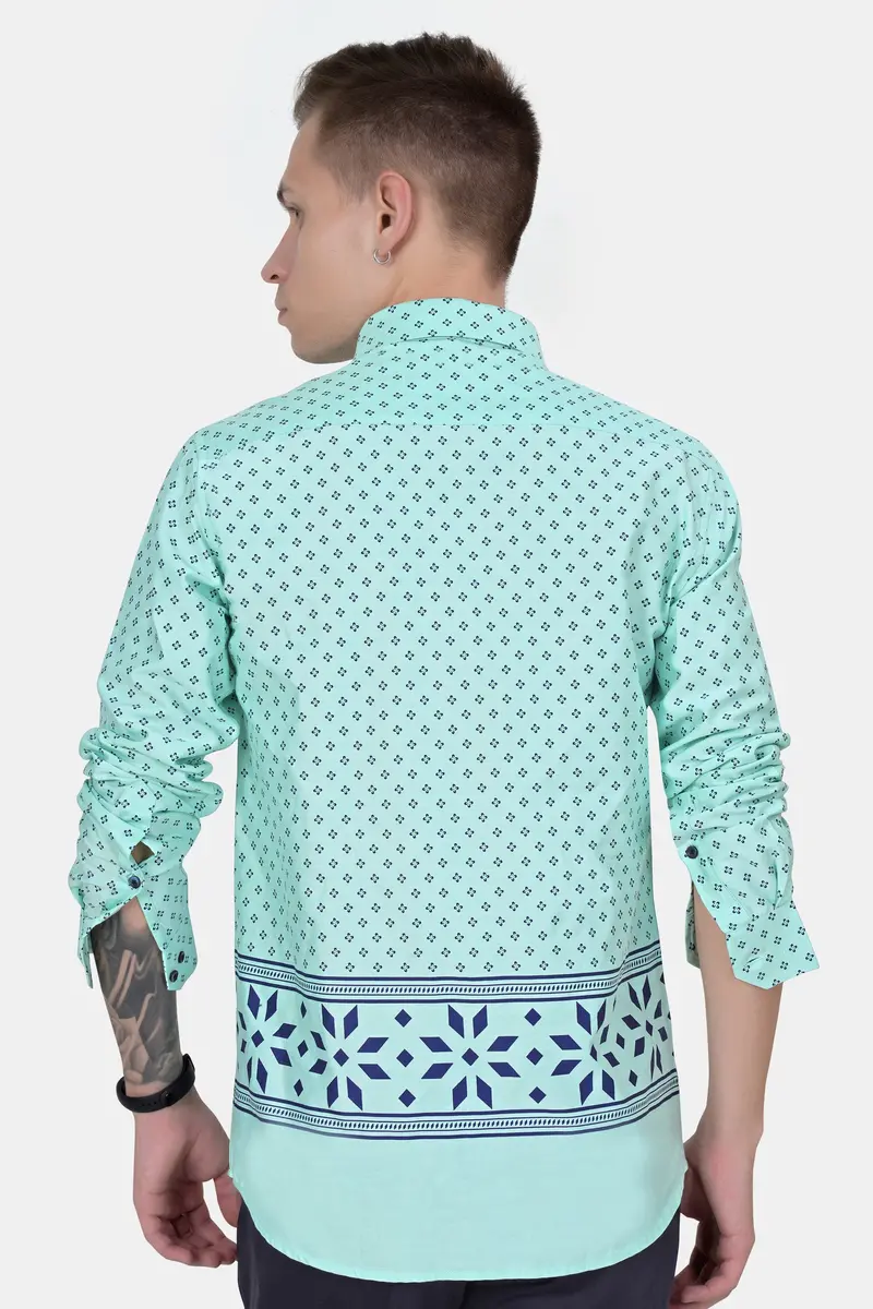 Montecarlo Green And Prussian Blue Block Printed Twill Premium Cotton Shirt 8