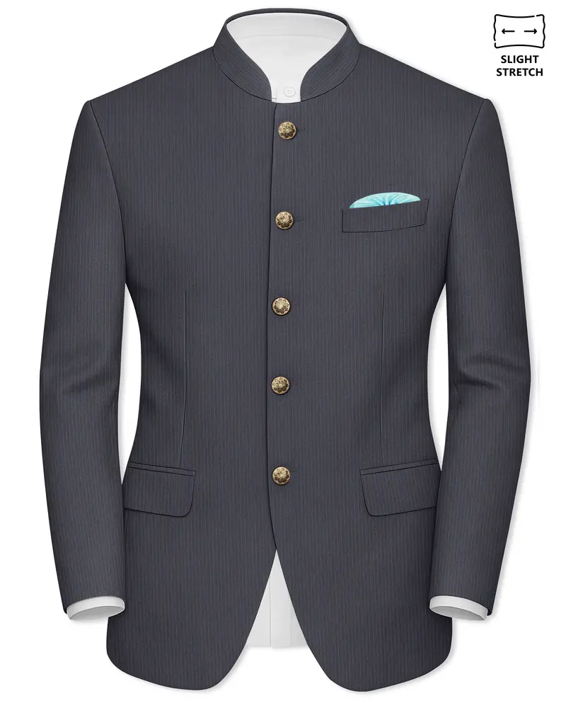 Monvex-Tuna Gray Pencil Striped Wool Rich Bandhgala Slight Stretch Blazer 1