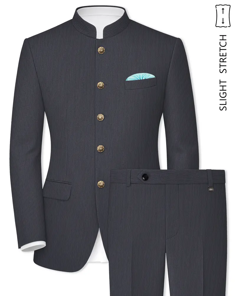 Monvex-Tuna Gray Pencil Striped Wool Rich Bandhgala Slight Stretch Suit 1