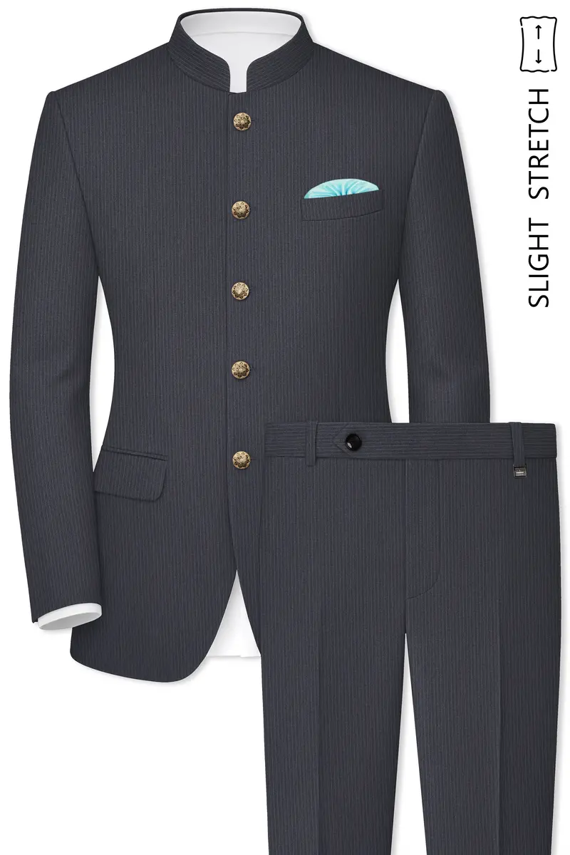 Monvex-Tuna Gray Pencil Striped Wool Rich Bandhgala Slight Stretch Suit 2