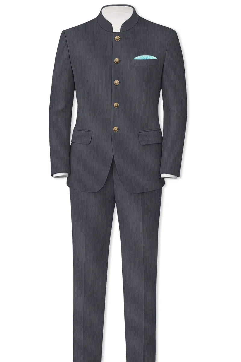 Monvex-Tuna Gray Pencil Striped Wool Rich Bandhgala Slight Stretch Suit 4