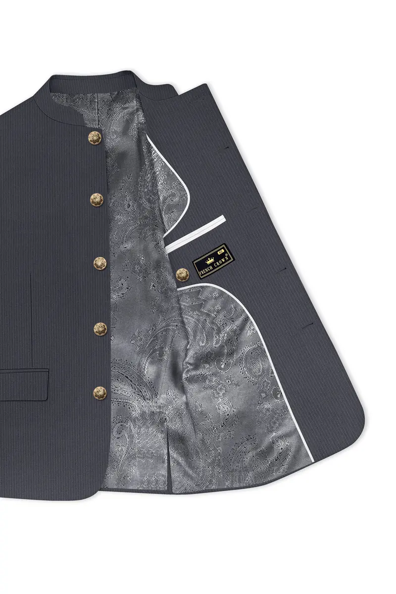 Monvex-Tuna Gray Pencil Striped Wool Rich Bandhgala Slight Stretch Suit 5
