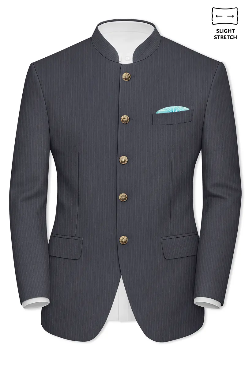 Monvex-Tuna Gray Pencil Striped Wool Rich Bandhgala Slight Stretch Suit 9