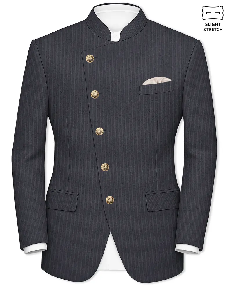 Monvex-Tuna Gray Pencil Striped Wool Rich Slight Stretch Cross Placket Bandhgala Blazer 1