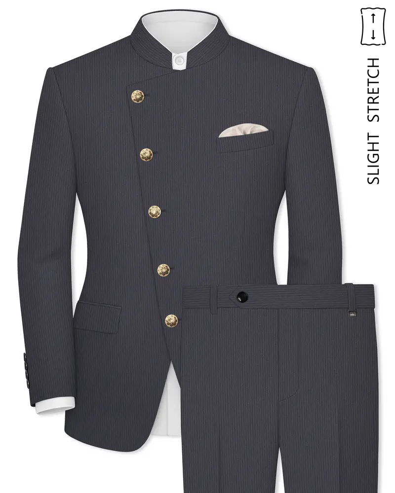 Monvex-Tuna Gray Pencil Striped Wool Rich Slight Stretch Cross Placket Bandhgala Suit 1