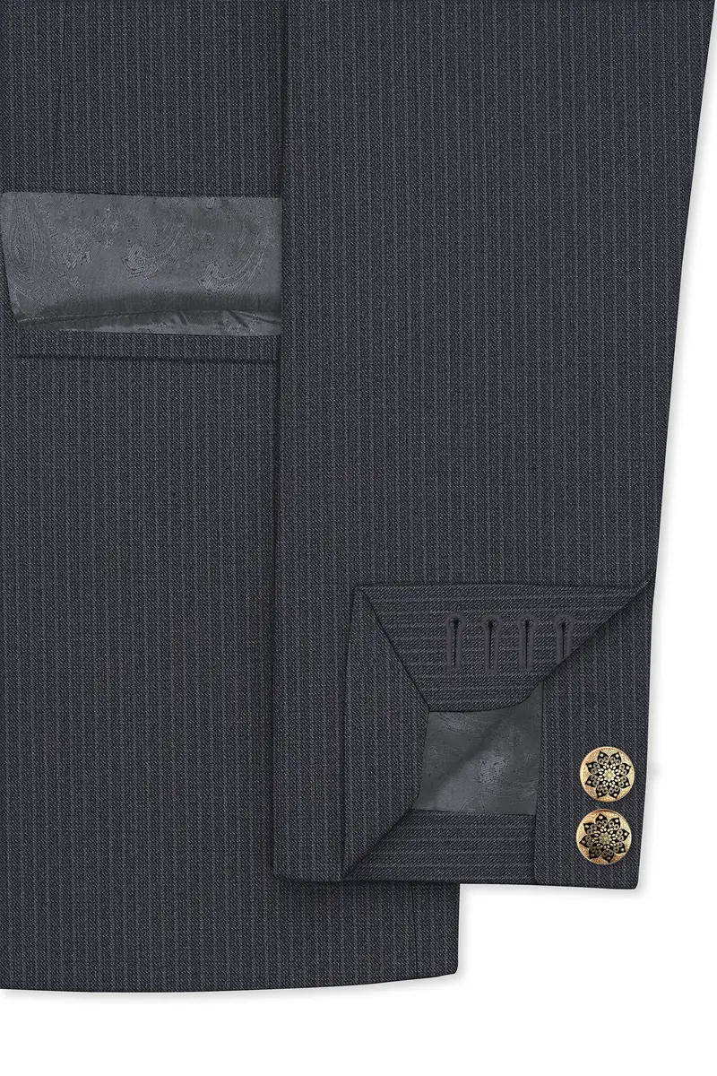 Monvex-Tuna Gray Pencil Striped Wool Rich Slight Stretch Cross Placket Bandhgala Suit 6