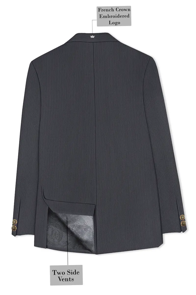 Monvex-Tuna Gray Pencil Striped Wool Rich Slight Stretch Cross Placket Bandhgala Suit 8