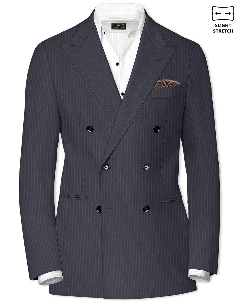 Monvex-Tuna Gray Pencil Striped Wool Rich Slight Stretch Double Breasted Blazer 1