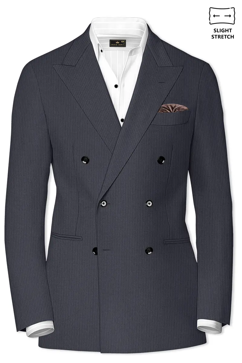 Monvex-Tuna Gray Pencil Striped Wool Rich Slight Stretch Double Breasted Blazer 2