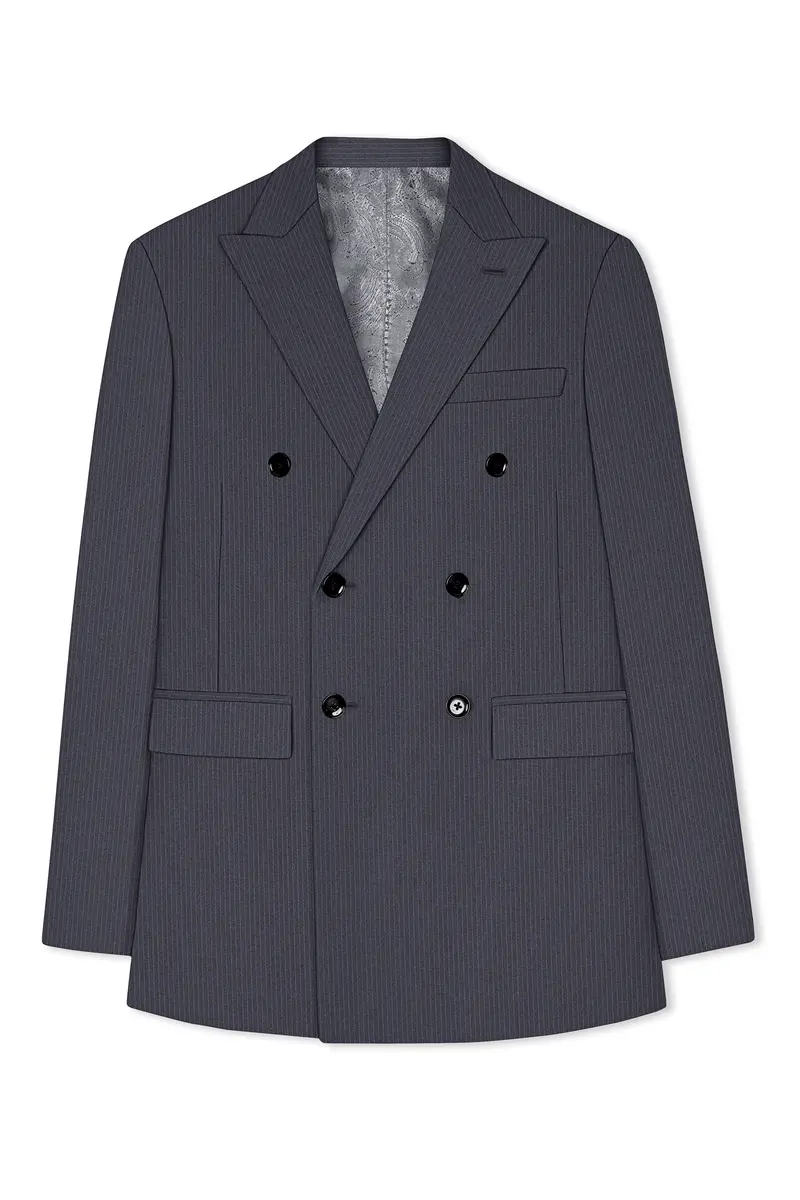Monvex-Tuna Gray Pencil Striped Wool Rich Slight Stretch Double Breasted Blazer 7