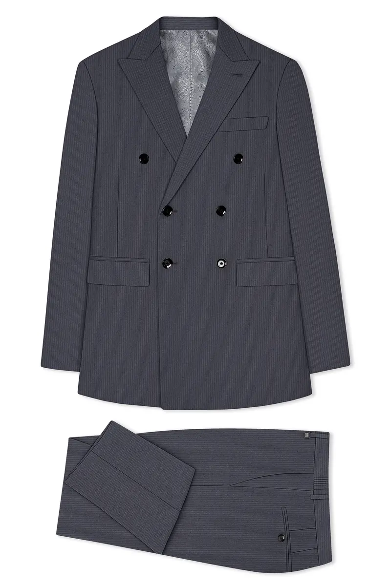 Monvex-Tuna Gray Pencil Striped Wool Rich Slight Stretch Double Breasted Suit 11