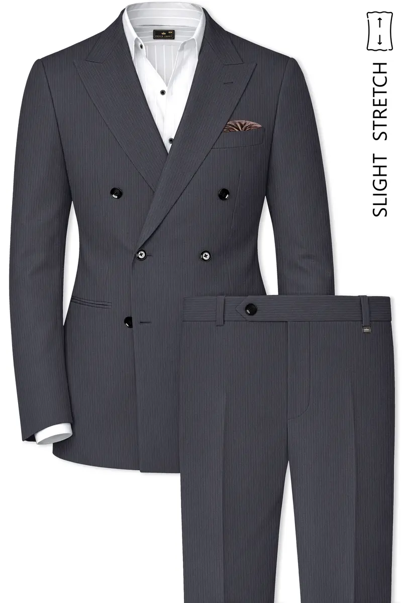 Monvex-Tuna Gray Pencil Striped Wool Rich Slight Stretch Double Breasted Suit 2