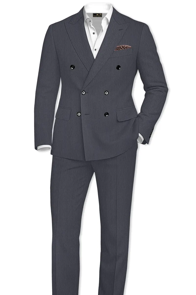 Monvex-Tuna Gray Pencil Striped Wool Rich Slight Stretch Double Breasted Suit 4