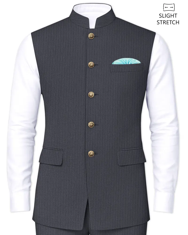 Monvex-Tuna Gray Pencil Striped Wool Rich Slight Stretch Nehru Jacket 1