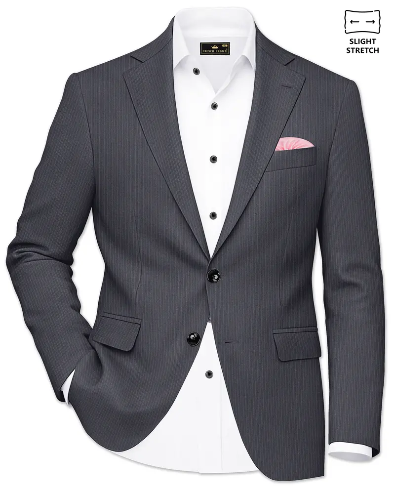 Monvex-Tuna Gray Pencil Striped Wool Rich Slight Stretch Single Breasted Blazer 1