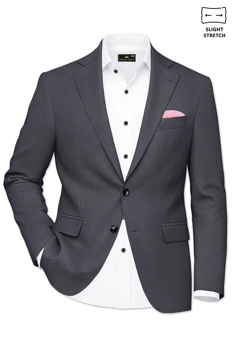 Monvex-Tuna Gray Pencil Striped Wool Rich Slight Stretch Single Breasted Blazer 2