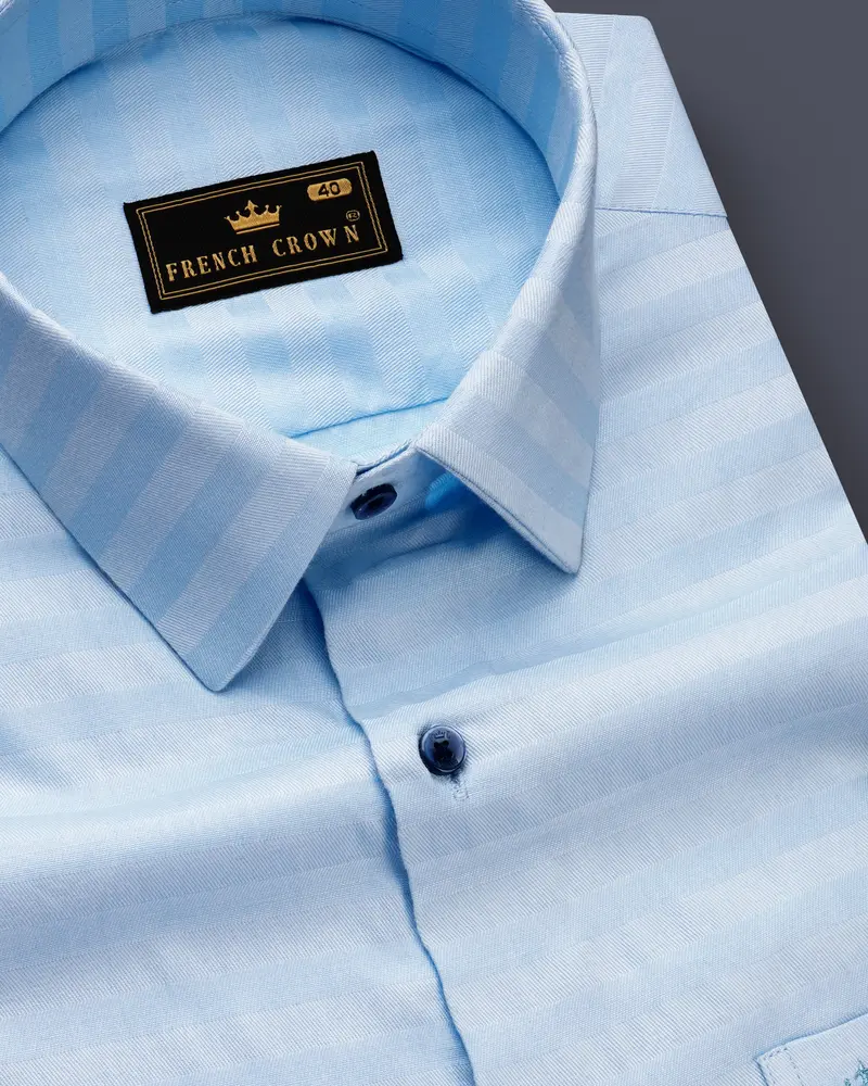 Monzaro-Moonstone Blue Horizontal Striped Jacquard Premium Cotton Dress Shirt 1