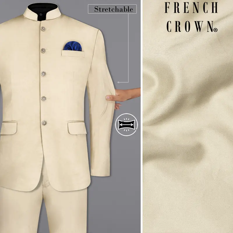 Moon Mist Beige Bandhgala Premium Cotton Stretchable Traveler Suit 1