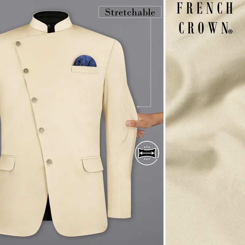 Moon Mist Beige Stretchable Cross Placket Bandhgala Premium Cotton Traveler Blazer 1