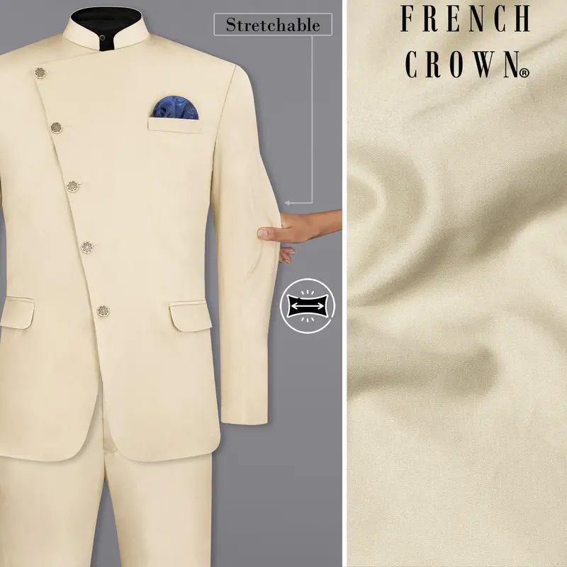 Moon Mist Beige Stretchable Cross Placket Bandhgala Premium Cotton Traveler Suit 1