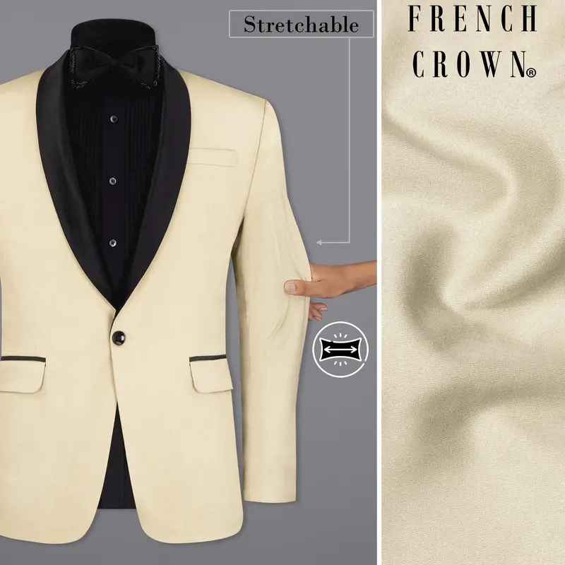 Moon Mist Beige With Black Lapel Stretchable Tuxedo Premium Cotton Traveler Blazer 1