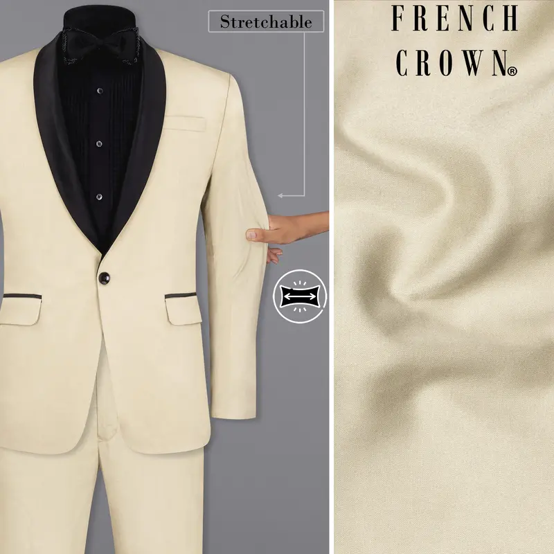 Moon Mist Beige With Black Lapel Stretchable Tuxedo Premium Cotton Traveler Suit 1