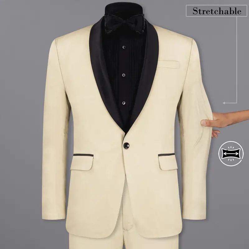 Moon Mist Beige With Black Lapel Stretchable Tuxedo Premium Cotton Traveler Suit 15