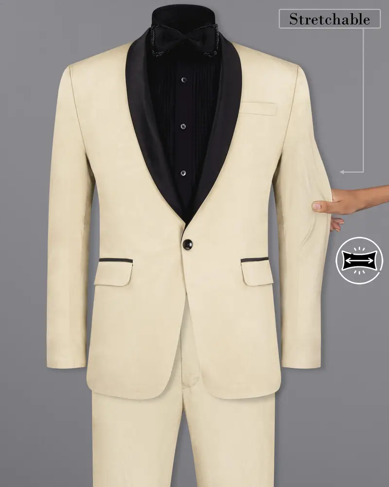 Moon Mist Beige With Black Lapel Stretchable Tuxedo Premium Cotton Traveler Suit 2