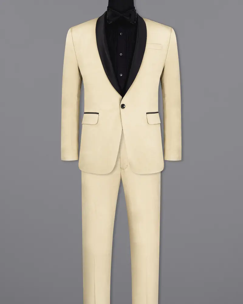 Moon Mist Beige With Black Lapel Stretchable Tuxedo Premium Cotton Traveler Suit 4