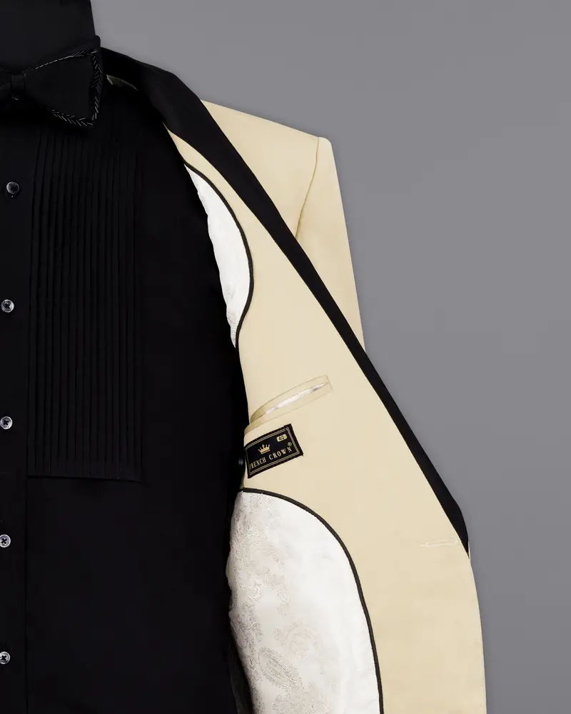 Moon Mist Beige With Black Lapel Stretchable Tuxedo Premium Cotton Traveler Suit 7