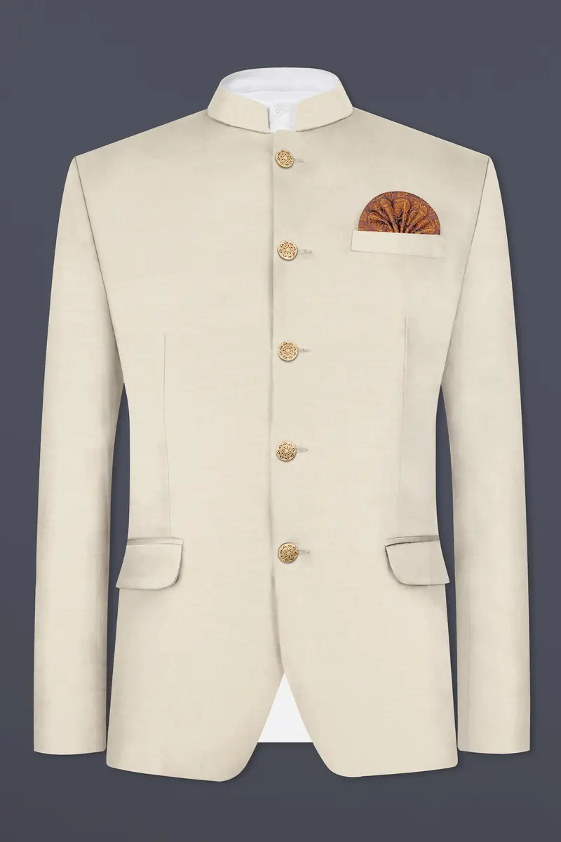 Moon Mist Cream Solid Wool Blend Bandhgala Blazer 2