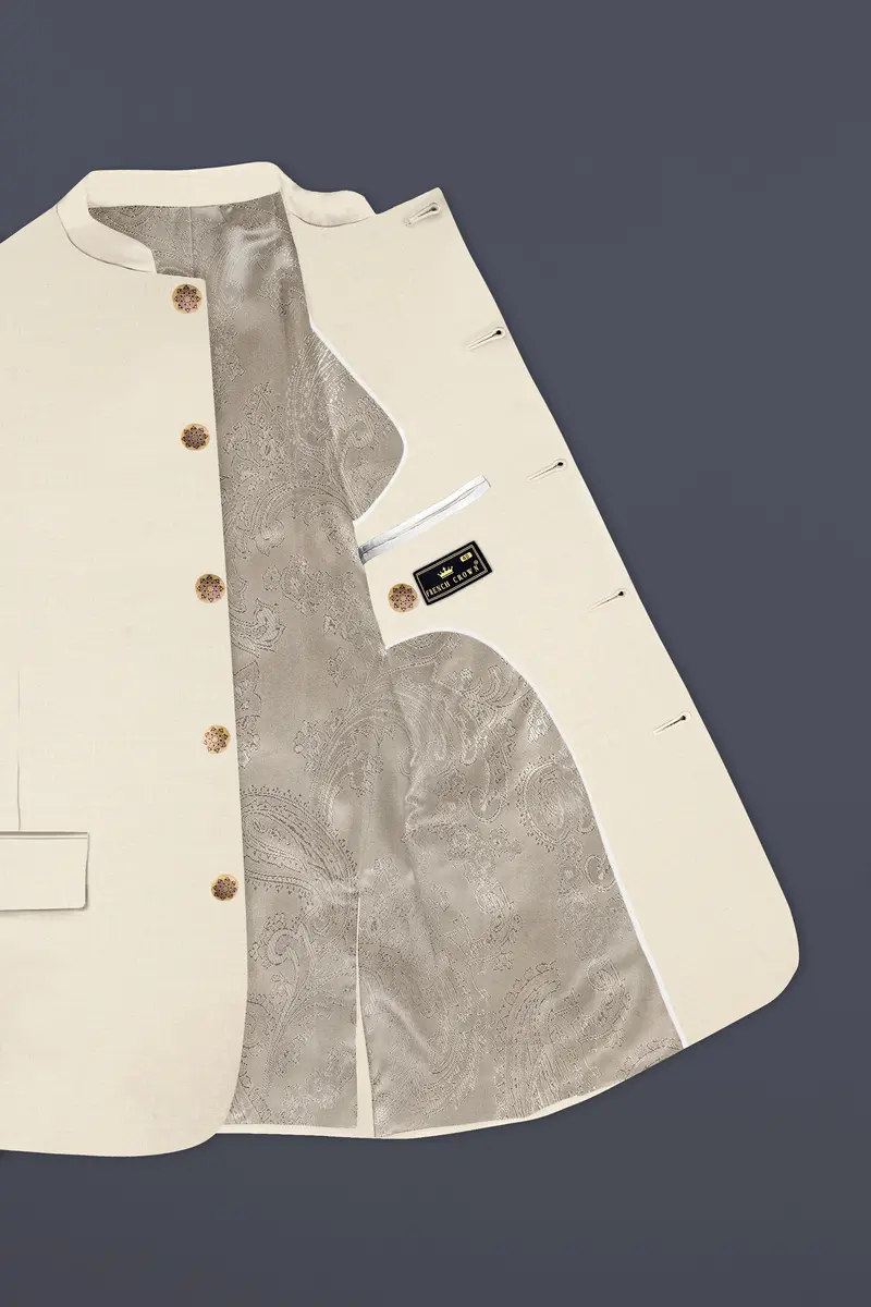 Moon Mist Cream Solid Wool Blend Bandhgala Blazer 4
