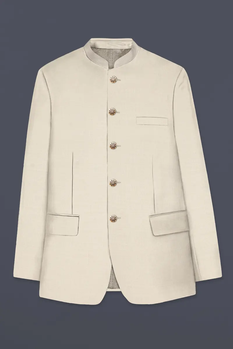 Moon Mist Cream Solid Wool Blend Bandhgala Blazer 6