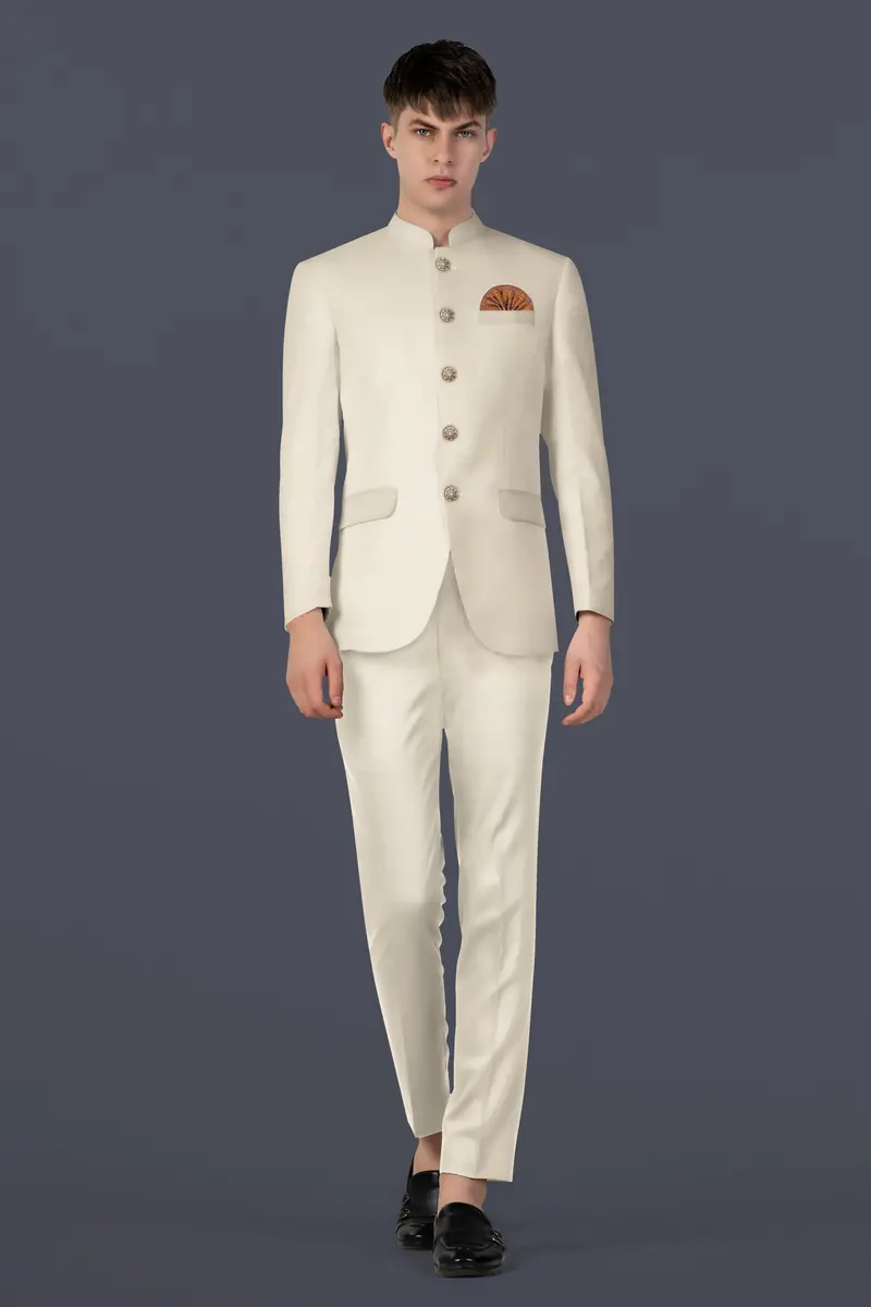 Moon Mist Cream Solid Wool Blend Bandhgala Blazer 8