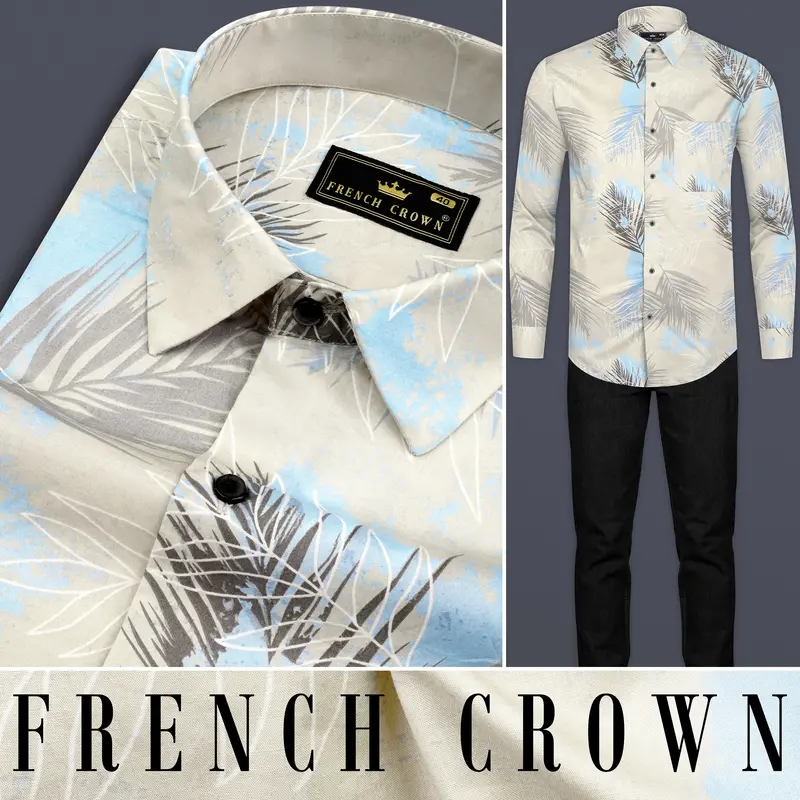 Moon Mist Grey Feather Printed Giza Cotton Shirt 10