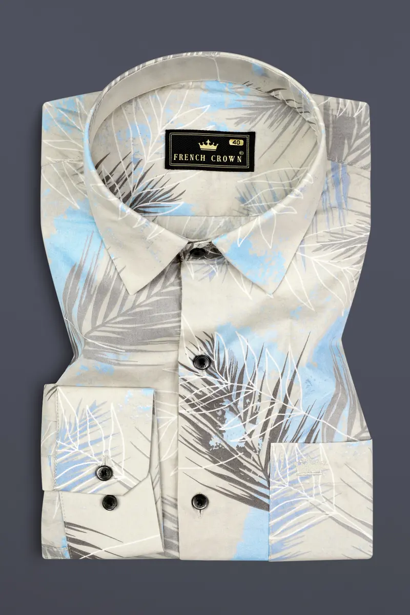 Moon Mist Grey Feather Printed Giza Cotton Shirt 3