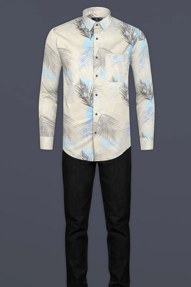 Moon Mist Grey Feather Printed Giza Cotton Shirt 6