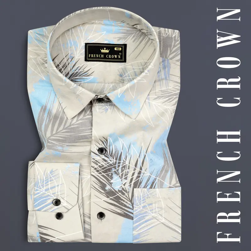 Moon Mist Grey Feather Printed Giza Cotton Shirt 7