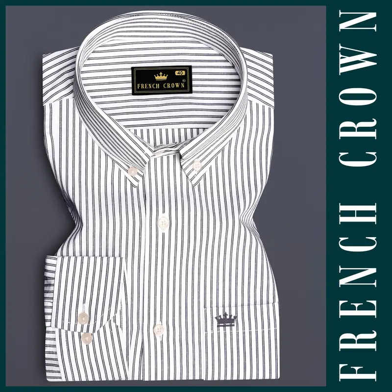 Moonlit-Bright White And Jade Black Striped Dobby Textured Premium Giza Cotton Dress Shirt 5